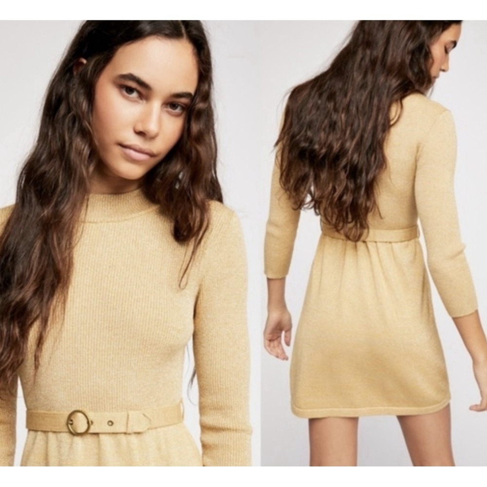 Free People Gold French Girl Sweater Mini Dress With Belt Mockneck Small $108 - Picture 2 of 9